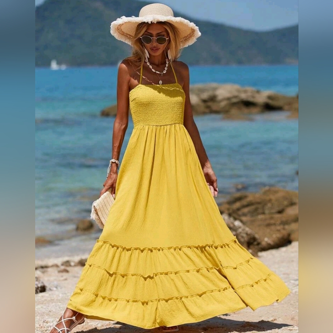 New Boho Flowy Halter Tube Top Maxi Dress Sundress Yellow